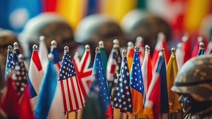 Close-up of small flags of NATO member countries placed side by side, with military helmets blurred in the background, symbolizing alliance and defense.