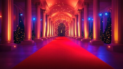 A red carpet stretched through lit pillars at the glamorous event venue.