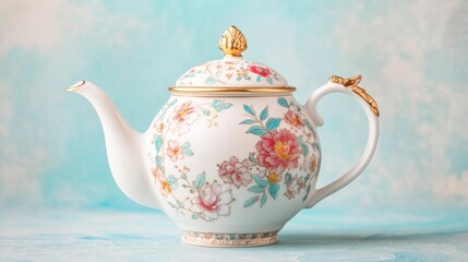 Elegant floral teapot on teal background.