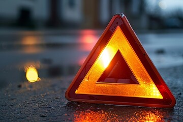 Red Emergency Warning Triangle on Wet Asphalt Road, Road Safety and Traffic Hazard Concept.