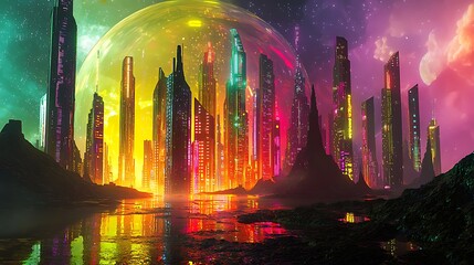 A futuristic city beneath a transparent dome on a colorful planet, with glowing neon skyscrapers reflecting on reflective surfaces.