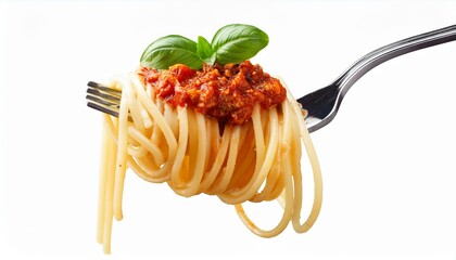 spaghetti with tomato sauce. Spaghetti with sauce bolognese hanging on a fork isolated on white background.