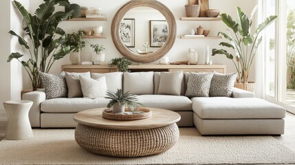 82.A modern living room featuring a soft grey sofa with patterned pillows, a round wooden coffee table holding elegant decor items, a woven pouf, tropical plants in ceramic pots, and a large mirror