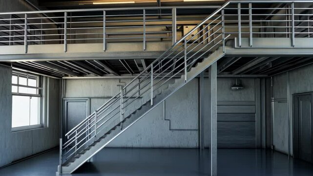 Industrial interior featuring a staircase and mezzanine in a spacious, well-lit environment.