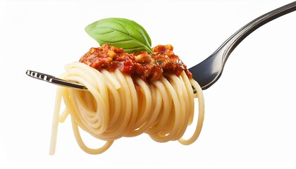 spaghetti with tomato sauce. Spaghetti with sauce bolognese hanging on a fork isolated on white background.