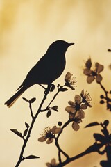Fototapeta premium Silhouette of a Bird on a Branch with Blossoms at Sunrise: A Serene Nature Image