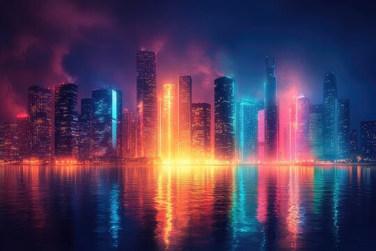 Fototapeta A city skyline at night with buildings glowing in vibrant colors, creating a dynamic, futuristic scene.