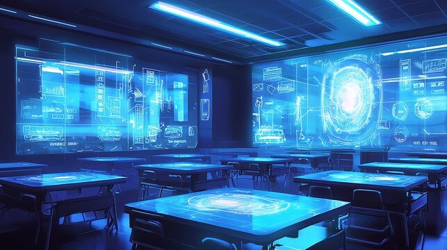 A futuristic classroom with glowing holographic story projections that dynamically change based on student interaction.