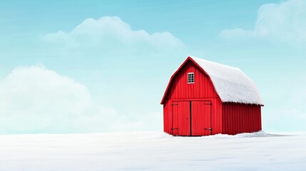 Serene Red Barn in a Snowy Winter Landscape: A Peaceful Countryside Scene