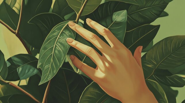 51.A serene moment featuring a womanâ€™s delicate hands adjusting the leaves of a leafy indoor plant, her fingertips softly tracing the veins and edges of the foliage.