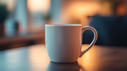 Fototapeta premium White mug on wooden table at sunset.