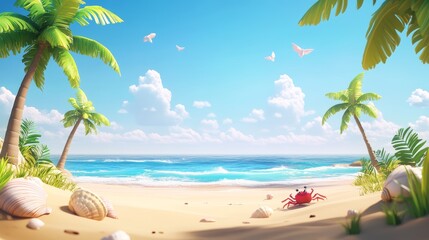 Fototapeta premium Idyllic Cartoon Beach Scene Tropical Paradise with Palm Trees Ocean Crab Shells Butte