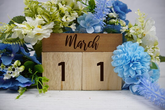 Wooden Calendar Showing the Date of March 11th. Day 11 of March month