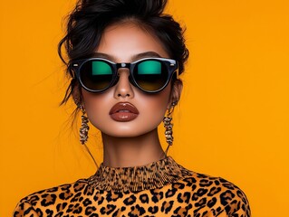A woman wearing a leopard print top and sunglasses