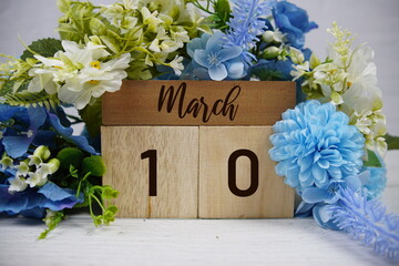 Wooden Calendar Showing the Date of March 10th. Day 10 of March month