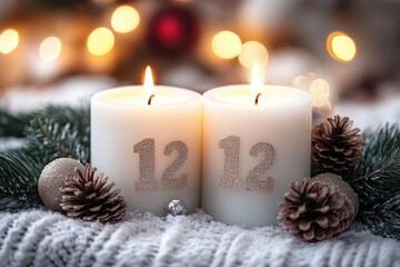 Cozy Winter Scene with White Candles and Pinecones for Advent Celebration