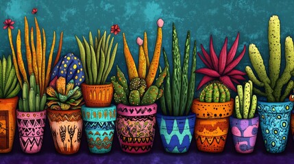 Fototapeta premium 64.A vibrant assortment of potted plants in a hand-drawn vector style, including aloe, snake plants, and cacti, each in uniquely patterned and colorful containers.