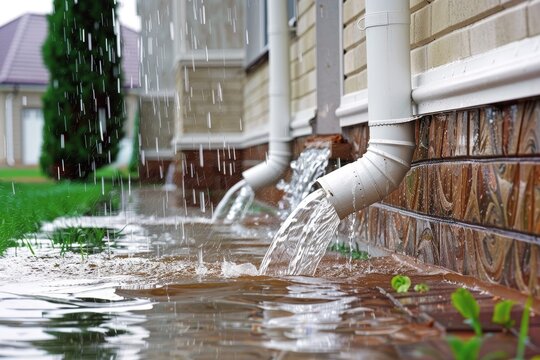 Heavy Rainwater Flows Down the Drainpipe of a House, Flooding the Yard During a Downpour