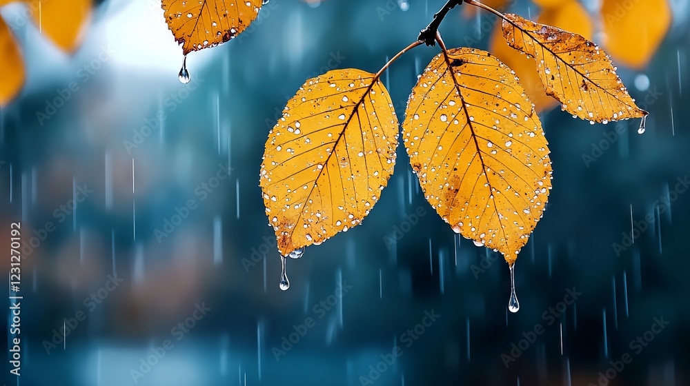 Poster A bunch of yellow leaves with water droplets on them