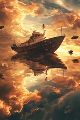 Fototapeta premium A stunning ship sails through a serene ocean, reflecting a vibrant sunset sky with dramatic clouds.