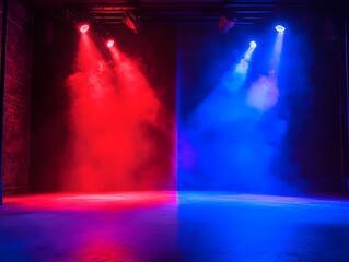 Naklejka premium Dramatic Theatrical Stage Lighting with Contrasting Red and Blue Spotlights