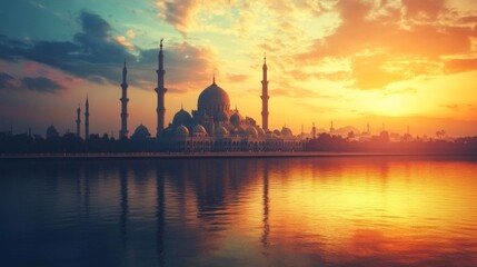 Naklejka premium Majestic Mosque at Sunset Reflected in Calm Water