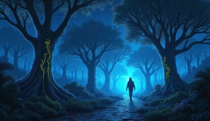 "A mysterious figure walks along a glowing path in an enchanted forest bathed in deep blue moonlight. Ancient trees with mystical golden markings stand tall, whispering secrets of an unknown realm."

