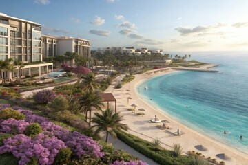 view of beach with a sleek pool, modern planters, and low-maintenance greenery, blending indoor and outdoor living.