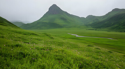 Fototapeta premium Lush green valley, misty mountains, wildflowers, tranquil scene, travel poster