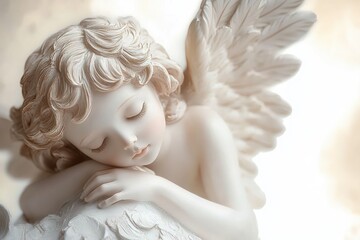 Fototapeta premium Dreaming Angel Statue with Intricate Wings and Serene Atmosphere