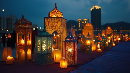 Fototapeta premium Ornate Lanterns and Candles Glow at Night City Festival