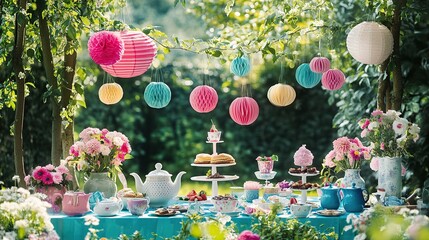 Garden tea party decorations, pastel lanterns, floral setting