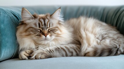 Serene Siberian Cat Napping on Teal Couch