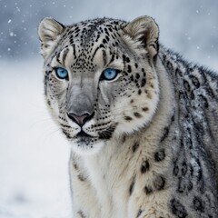 Fototapeta premium A snow leopard with piercing blue eyes against a glowing white backdrop.