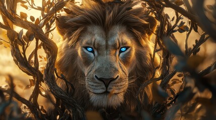 Naklejka premium Majestic lion, glowing eyes, savanna sunset, wild nature, powerful