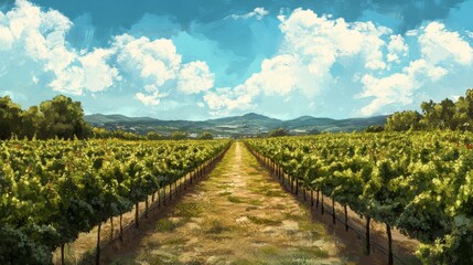 Naklejka premium A painting of a vineyard with a cloudy sky in the background. The painting is in a style that is reminiscent of a watercolor