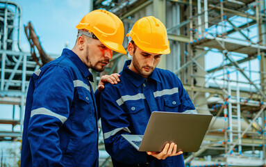 Construction workers collaborating at a job site while reviewing plans on a laptop in bright safety...