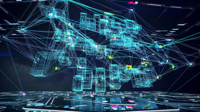 Glowing holographic map with interconnected digital nodes and futuristic blue data flow. Concept of cybersecurity and artificial intelligence
