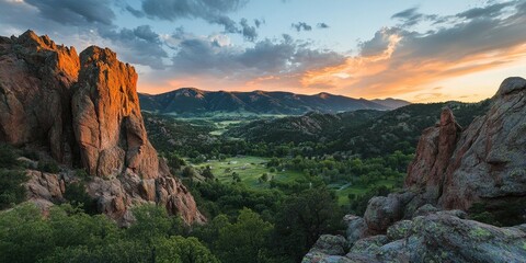 Naklejka premium Majestic Mountain Valley Sunset View
