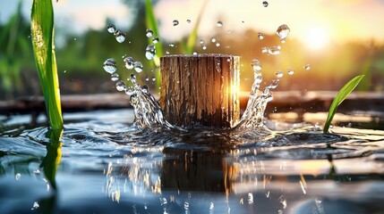 Serene Sunset: Wooden Block Splashing into Calm Water, Surrounded by Lush Green Grass
