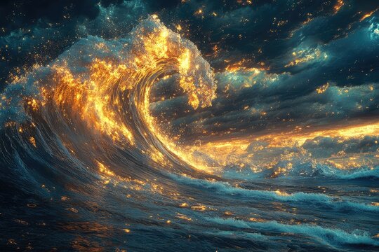 A cosmic ocean with waves made of light and energy, crashing against the shores of a distant, digital world.