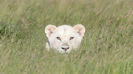 Naklejka premium White lion cub hides in tall grass, savanna background, wildlife photography