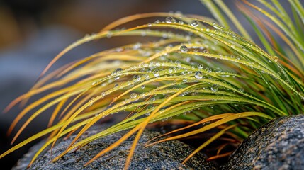 Dewdrops on Bright Green Grass Next to Smooth River Stones