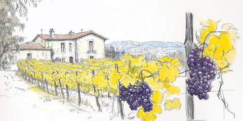 Artistic digital sketch of a picturesque vineyard with grapevines, a hilltop village, tall cypress trees, and distant mountains under a bright sky. Generated by AI
