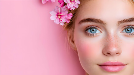 Woman's face, pink background, spring flowers, beauty