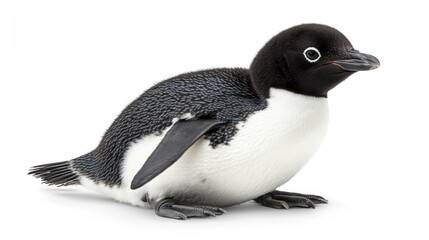 Adorable baby penguin with fluffy feathers on white background