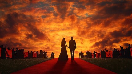 Fototapeta premium Silhouette Couple Walking Red Carpet Fiery Sunset Pixel Art