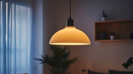 Obraz premium A modern living room with warm lighting, showcasing a minimalist design and a stylish pendant lamp.