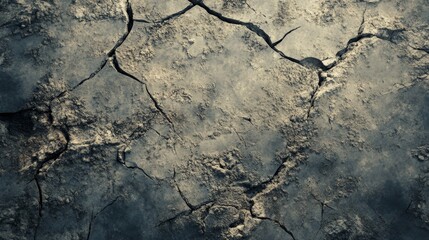 Obraz premium Close-up view of cracked ground surface, showcasing a rugged texture with earthy tones. This image captures the essence of arid landscapes and the beauty of natural patterns.