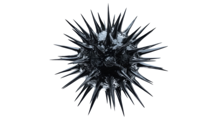 Metallic virus or bacteria with spikes rotating on transparent background